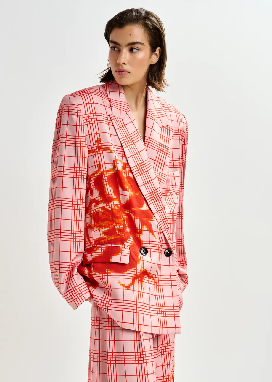 Roze en rode gekruiste blazer met geplaatste pixelprint