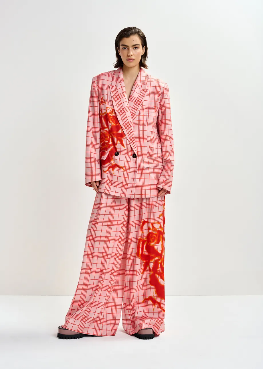 Roze en rode gekruiste blazer met geplaatste pixelprint