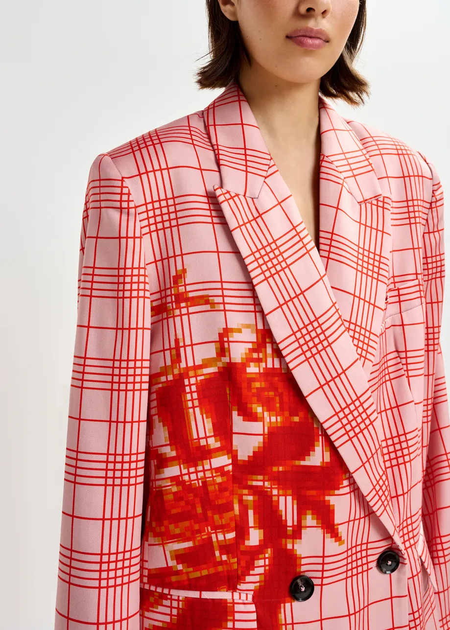 Roze en rode gekruiste blazer met geplaatste pixelprint