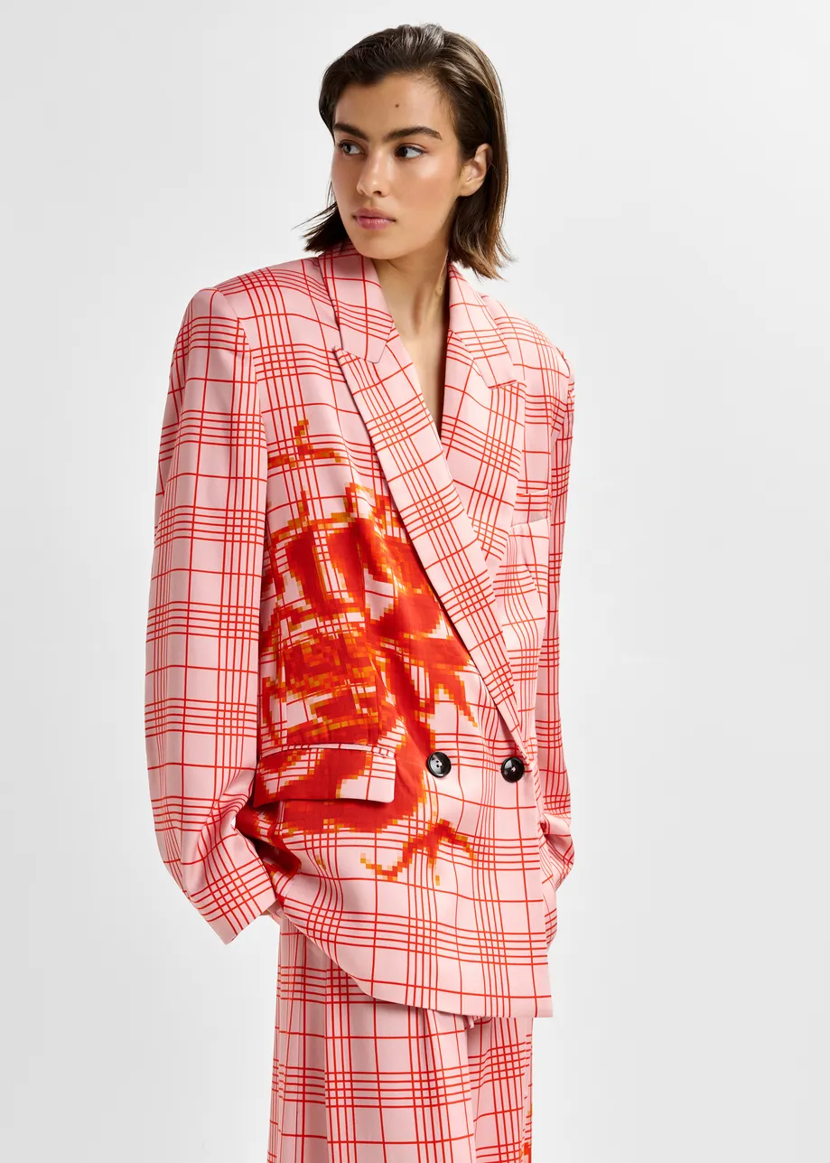 Roze en rode gekruiste blazer met geplaatste pixelprint