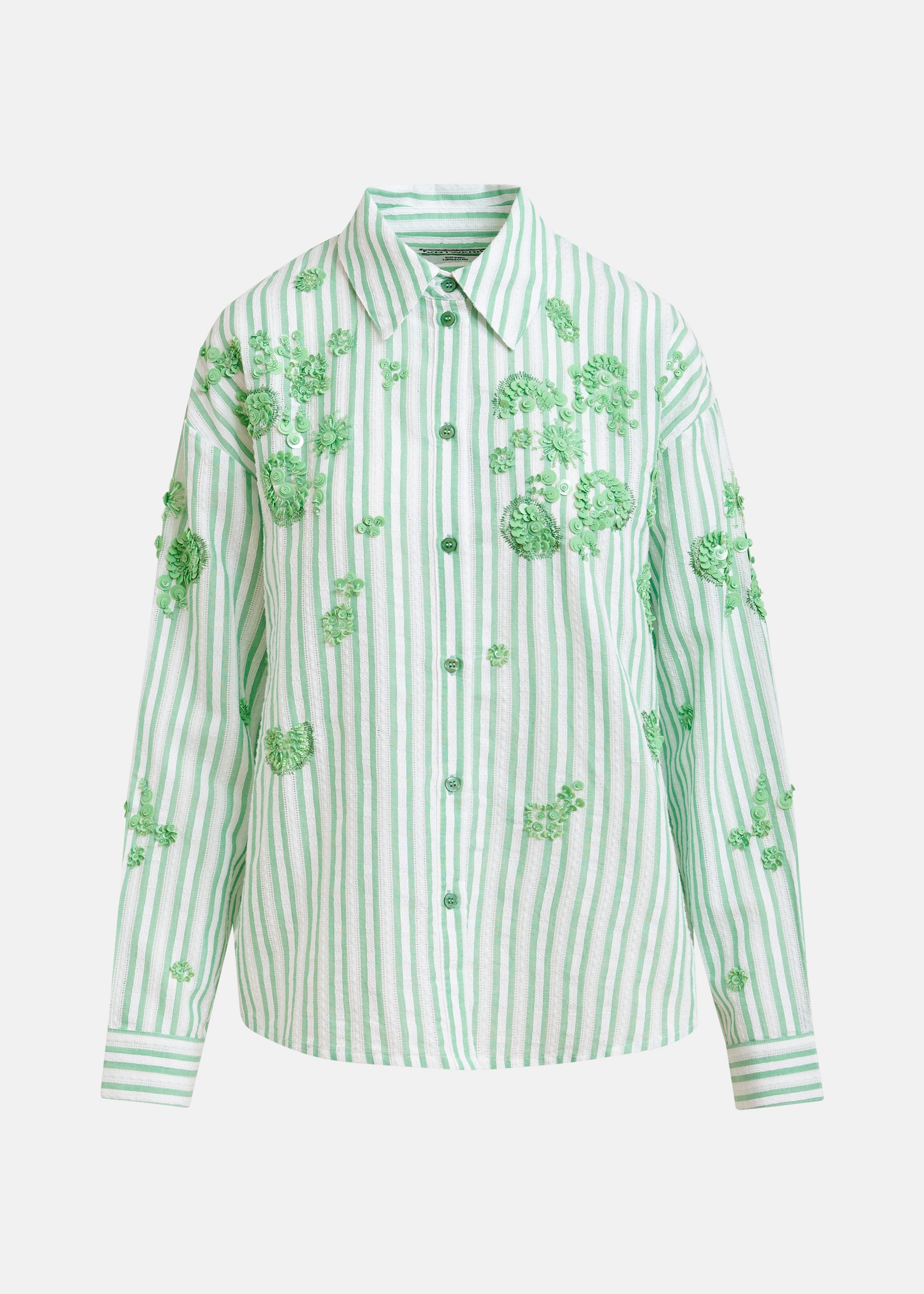 Green and off-white striped cotton shirt with floral sequin and bead  embellishments | Essentiel Antwerp United States