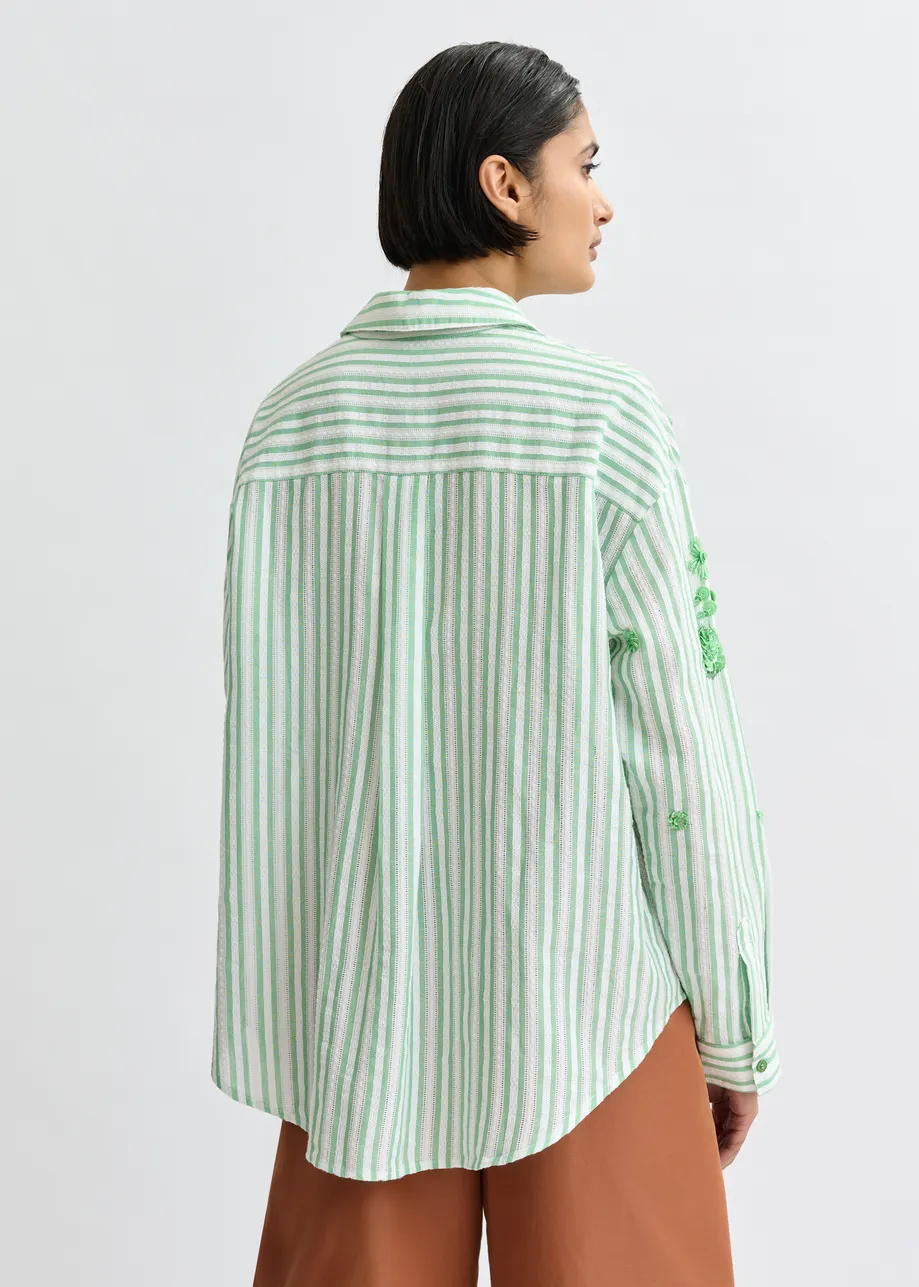 Green and off-white stiped cotton shirt with floral sequin and bead embellishments