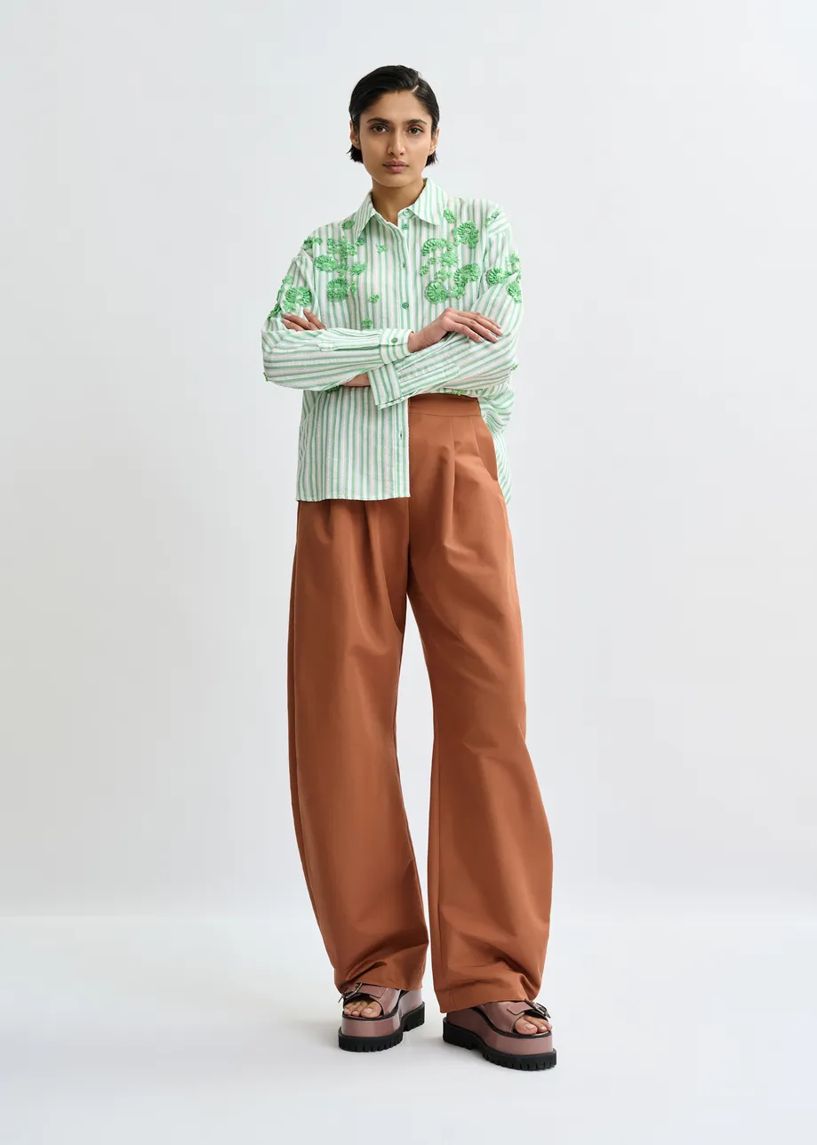 Green and off-white stiped cotton shirt with floral sequin and bead embellishments