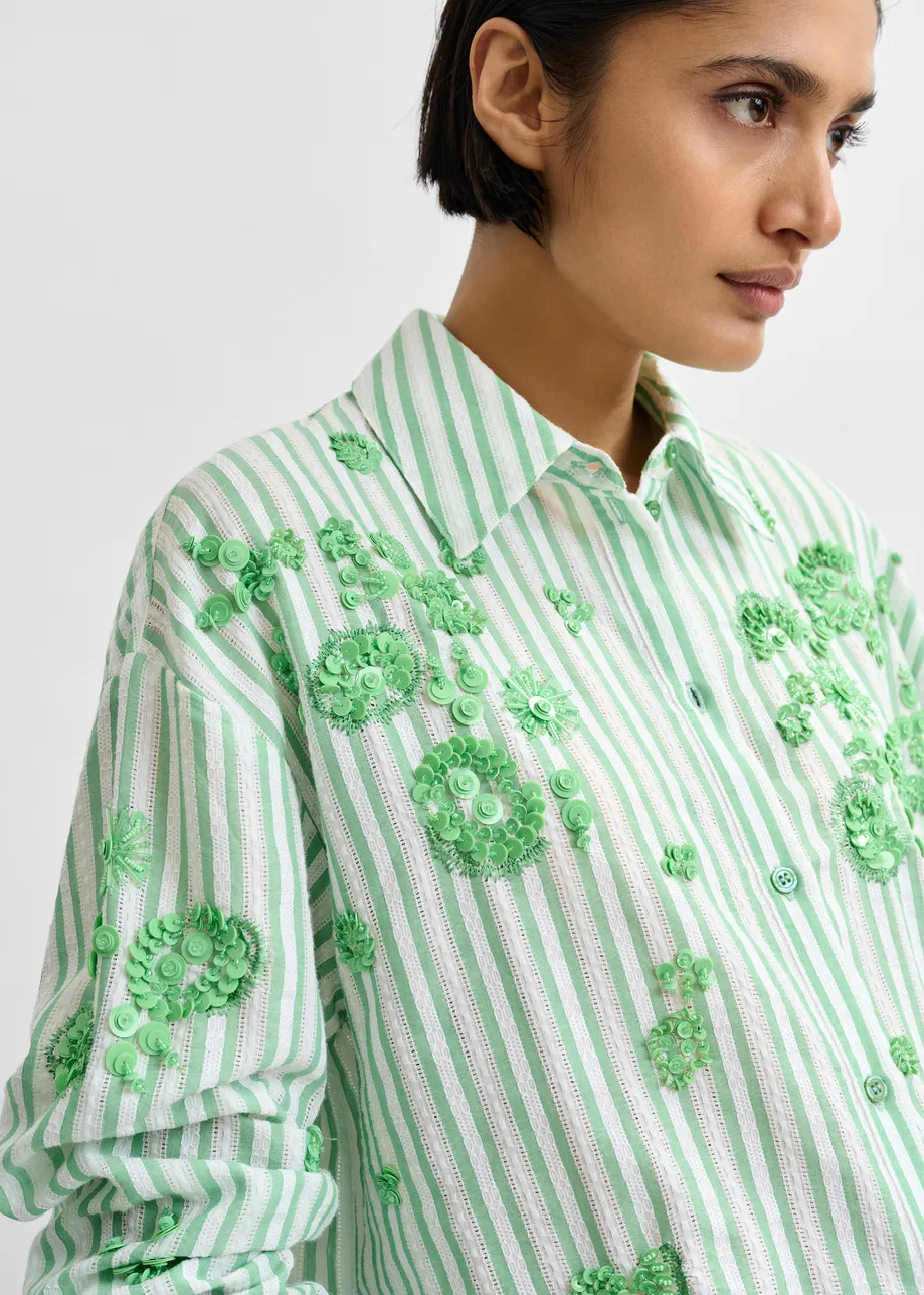Green and off-white stiped cotton shirt with floral sequin and bead embellishments