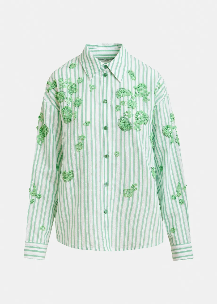 Green and off-white stiped cotton shirt with floral sequin and bead embellishments