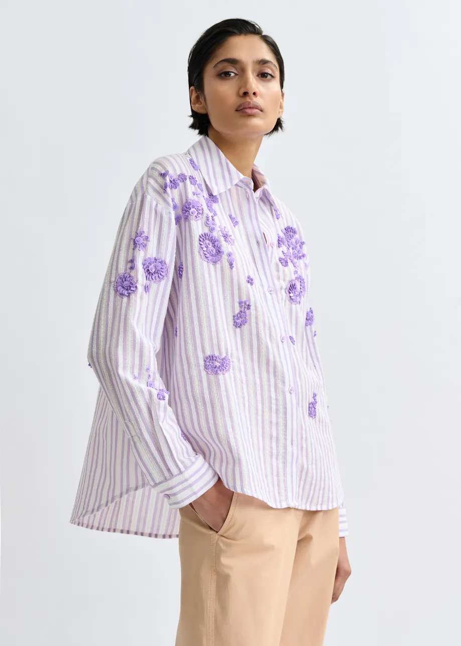 Purple and off-white stiped cotton shirt with floral sequin and bead embellishments