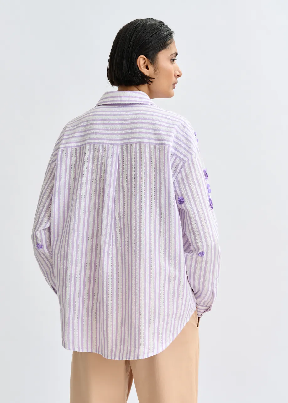 Purple and off-white stiped cotton shirt with floral sequin and bead embellishments