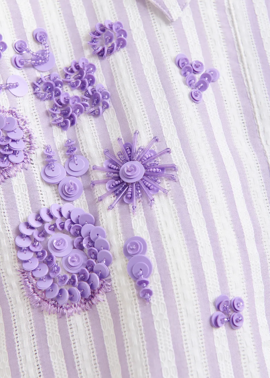 Purple and off-white stiped cotton shirt with floral sequin and bead embellishments