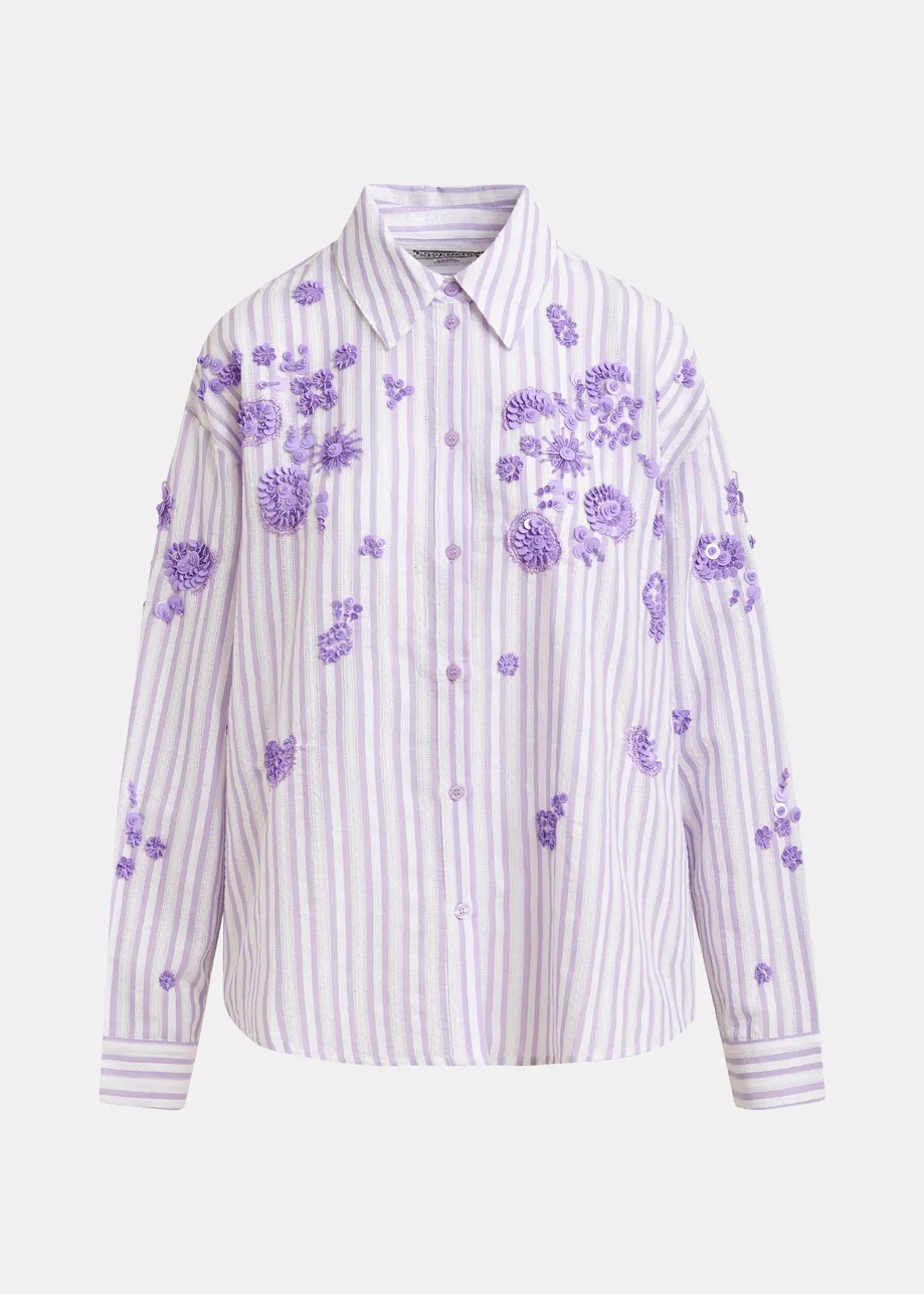 Purple and off-white stiped cotton shirt with floral sequin and bead embellishments