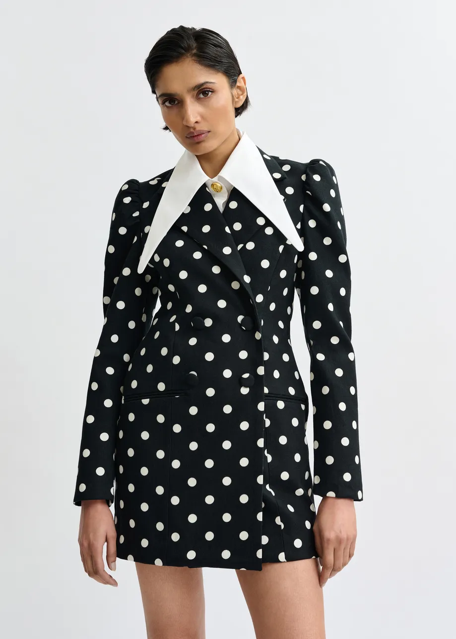 Zwart-witte mini-blazerjurk in zandlopervorm met stippen