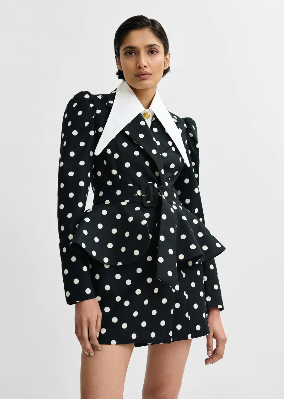 Black and white polka-dot cotton mini blazer dress