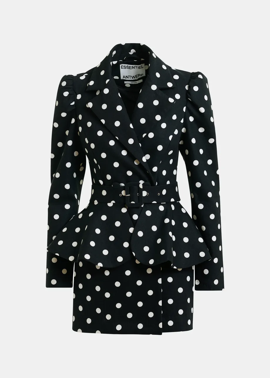 Black and white polka-dot cotton mini blazer dress