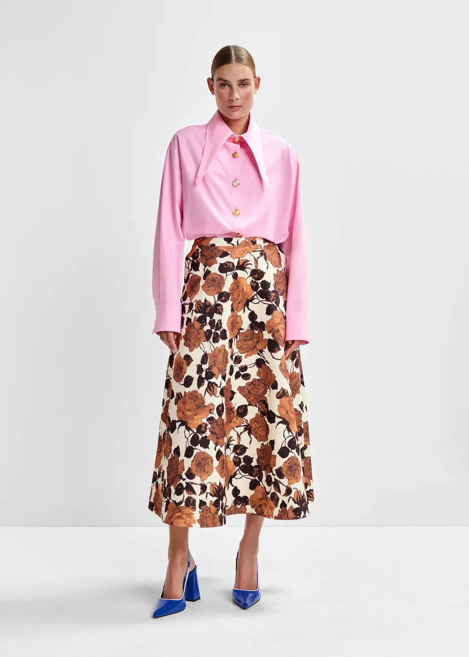 Beige en bruine A-lijn rok met bloemenprint 