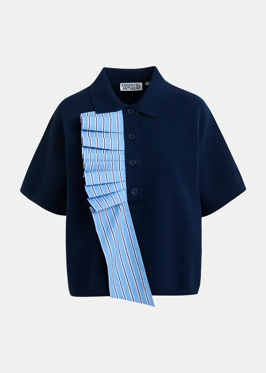 Navy and light blue ruffle fine-knit polo top