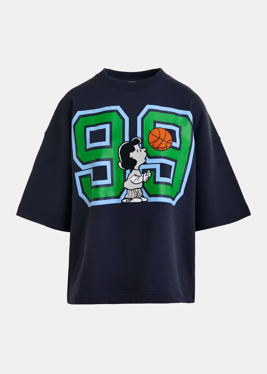 Navy T-shirt with appliquéd Peanuts™ Lucy patch and text print