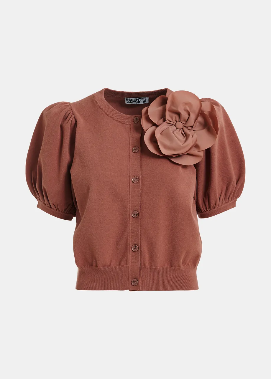 Terracotta fine knit cardigan with oversized flower brooch