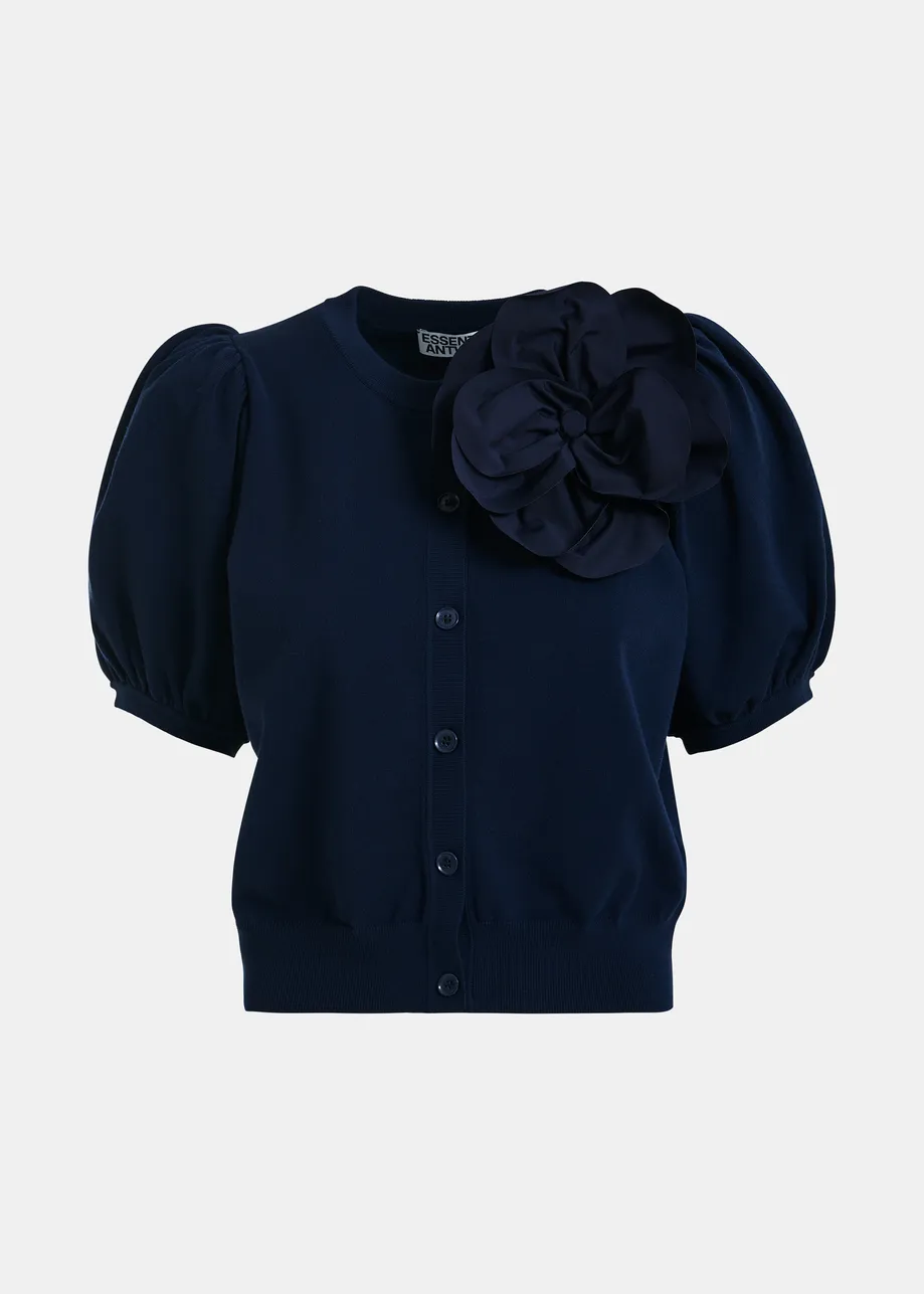 Cardigan in maglia sottile blu scuro con spilla a forma di fiore oversize