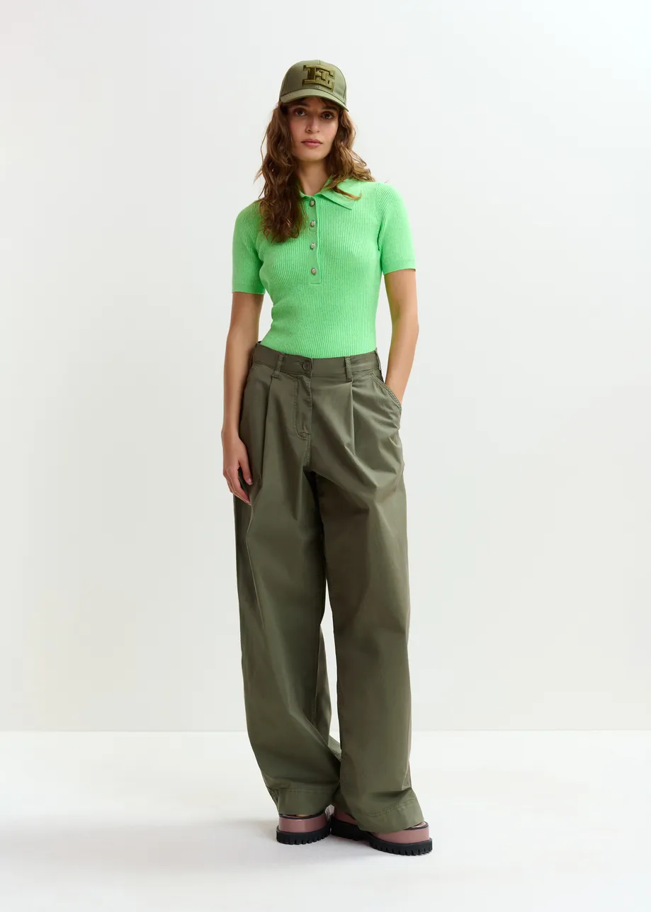 Khaki pleated wide-leg pants