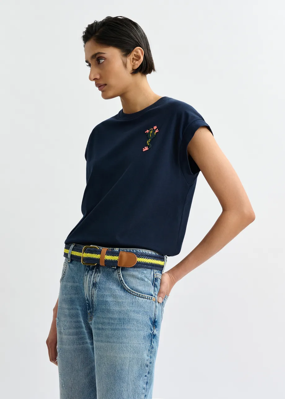 Marineblauw katoenen T-shirt met kralen