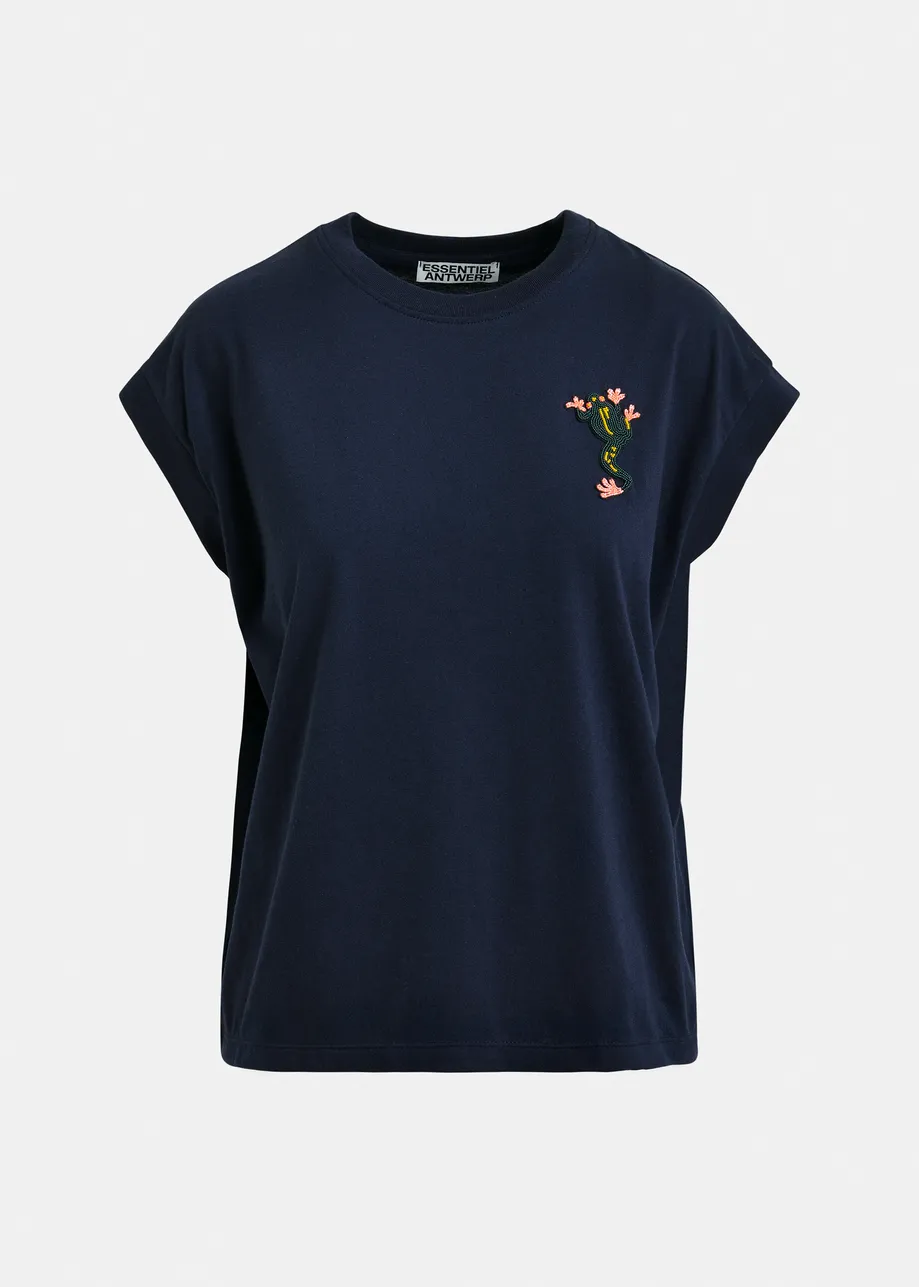 Navy cotton T-shirt with bead embroidery