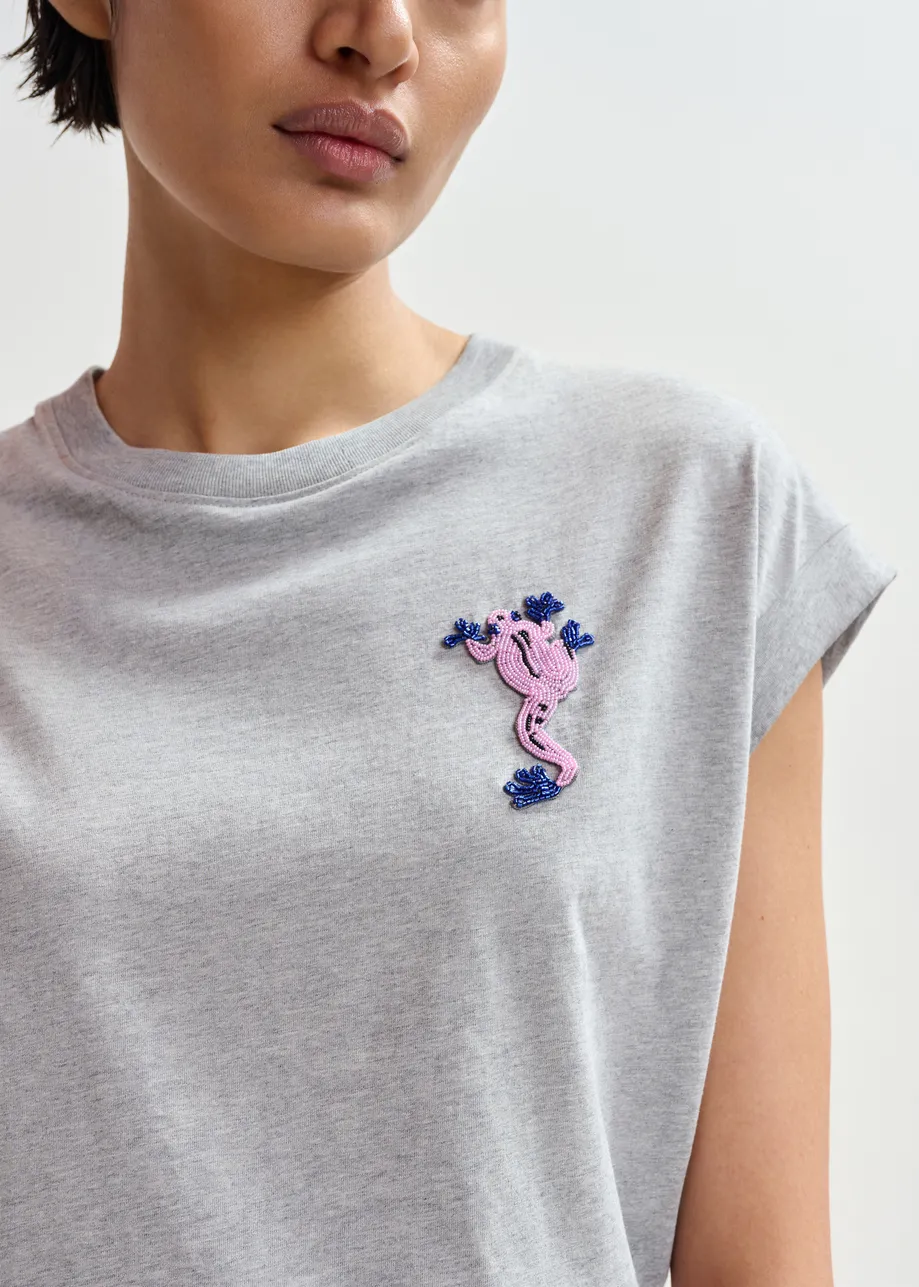 Grijs katoenen T-shirt met kralen