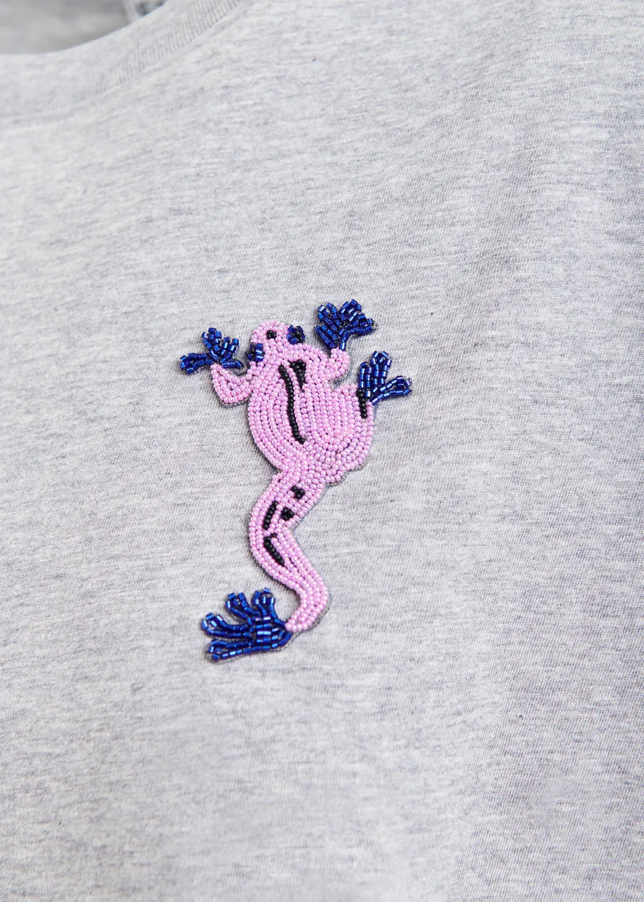 Grijs katoenen T-shirt met kralen