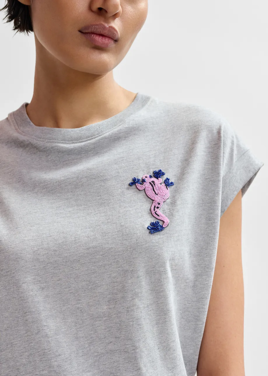 Grey cotton T-shirt with bead embroidery