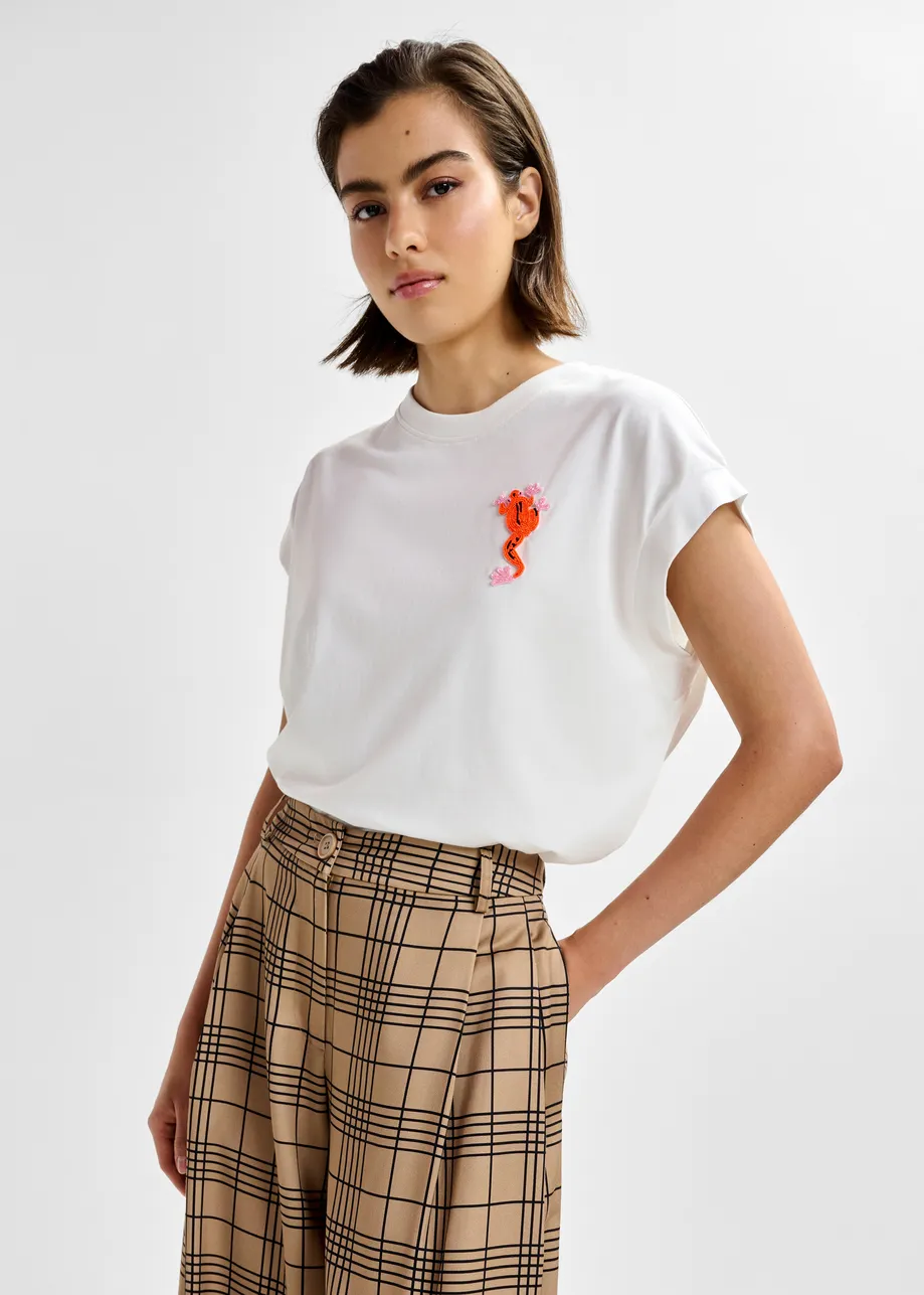 Off-white cotton T-shirt with bead embroidery