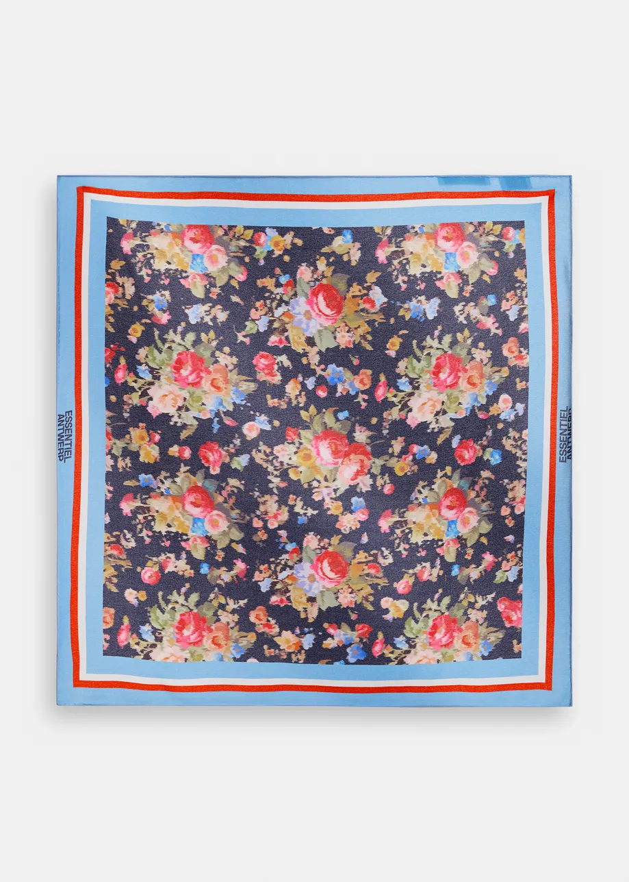 Blue and navy square silk scarf with multicolor floral print 