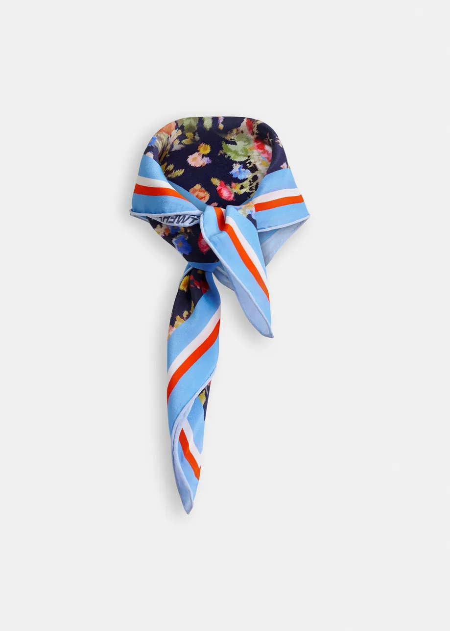 Blue and navy square silk scarf with multicolor floral print 