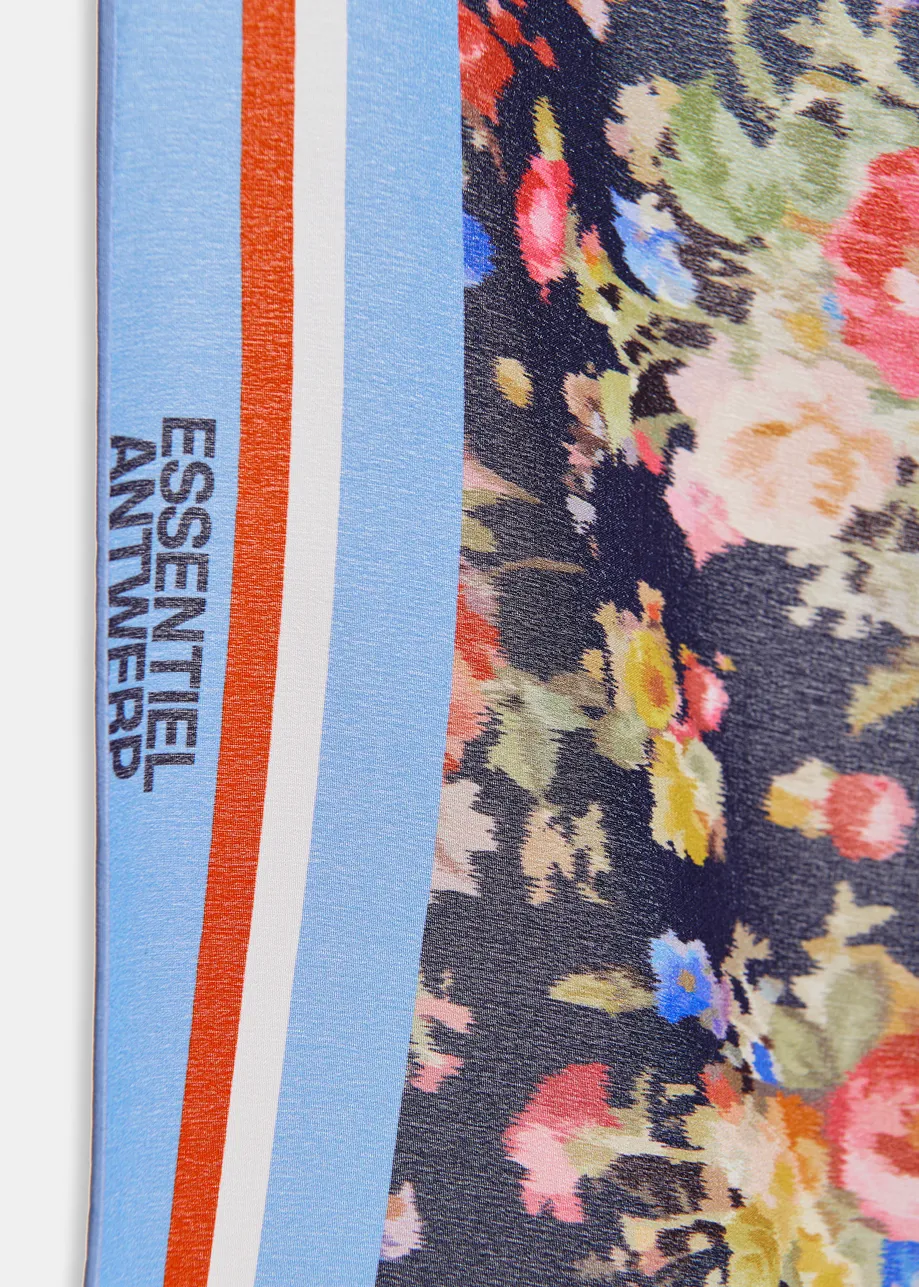 Blue and navy square silk scarf with multicolor floral print 