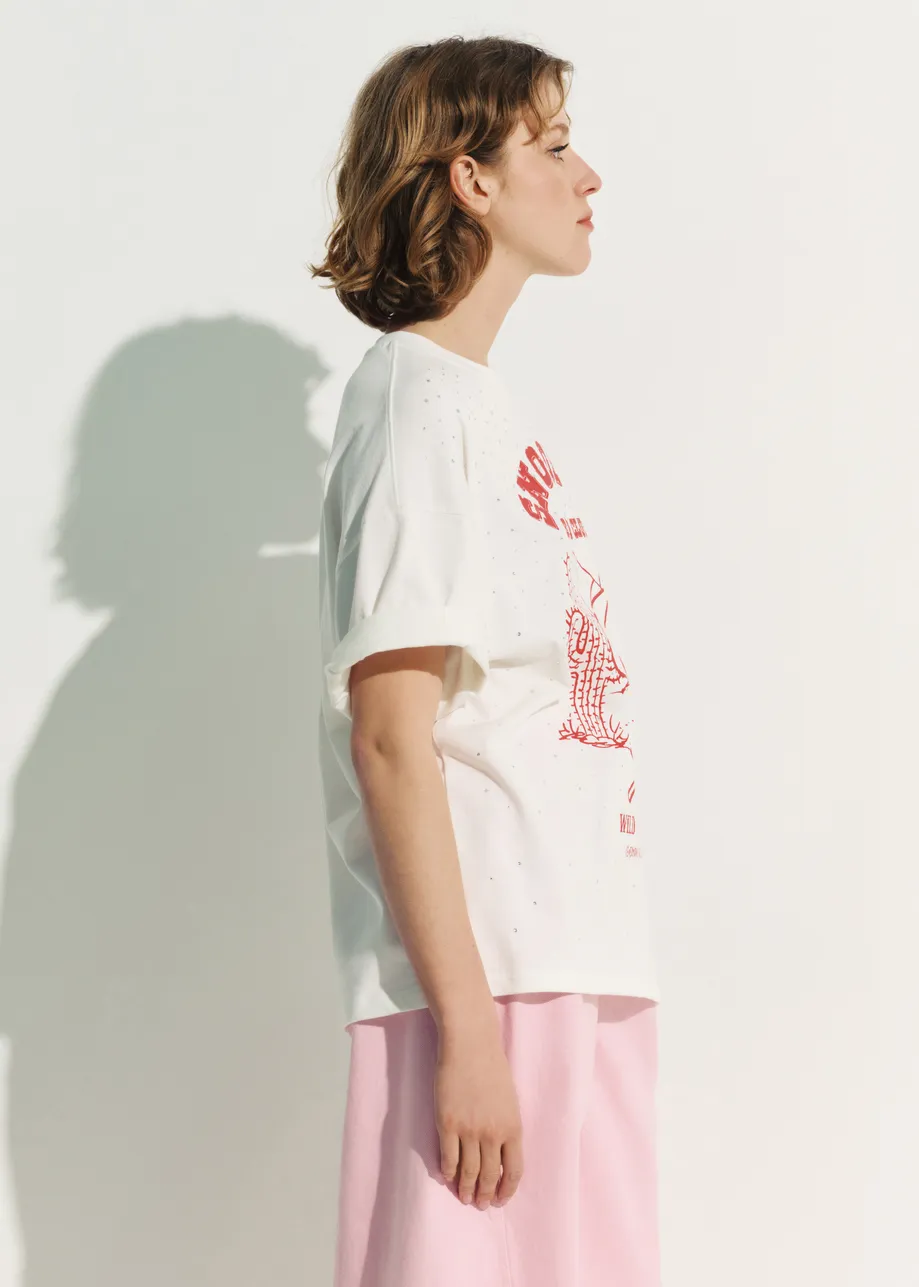 Off-white and red Peanuts™ Snoopy rhinestone-embellished T-shirt