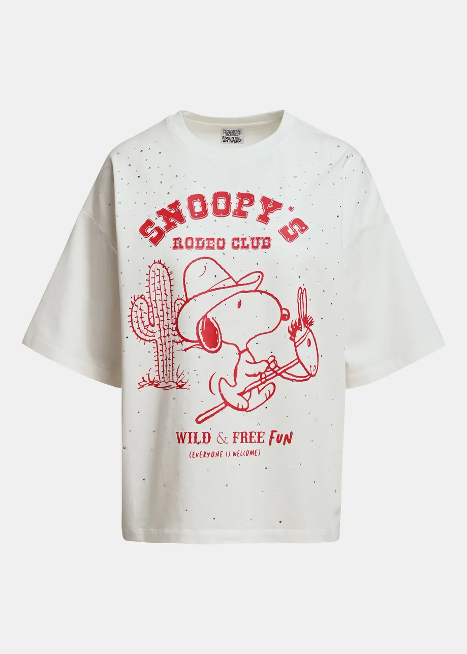 Off-white and red Peanuts™ Snoopy rhinestone-embellished T-shirt