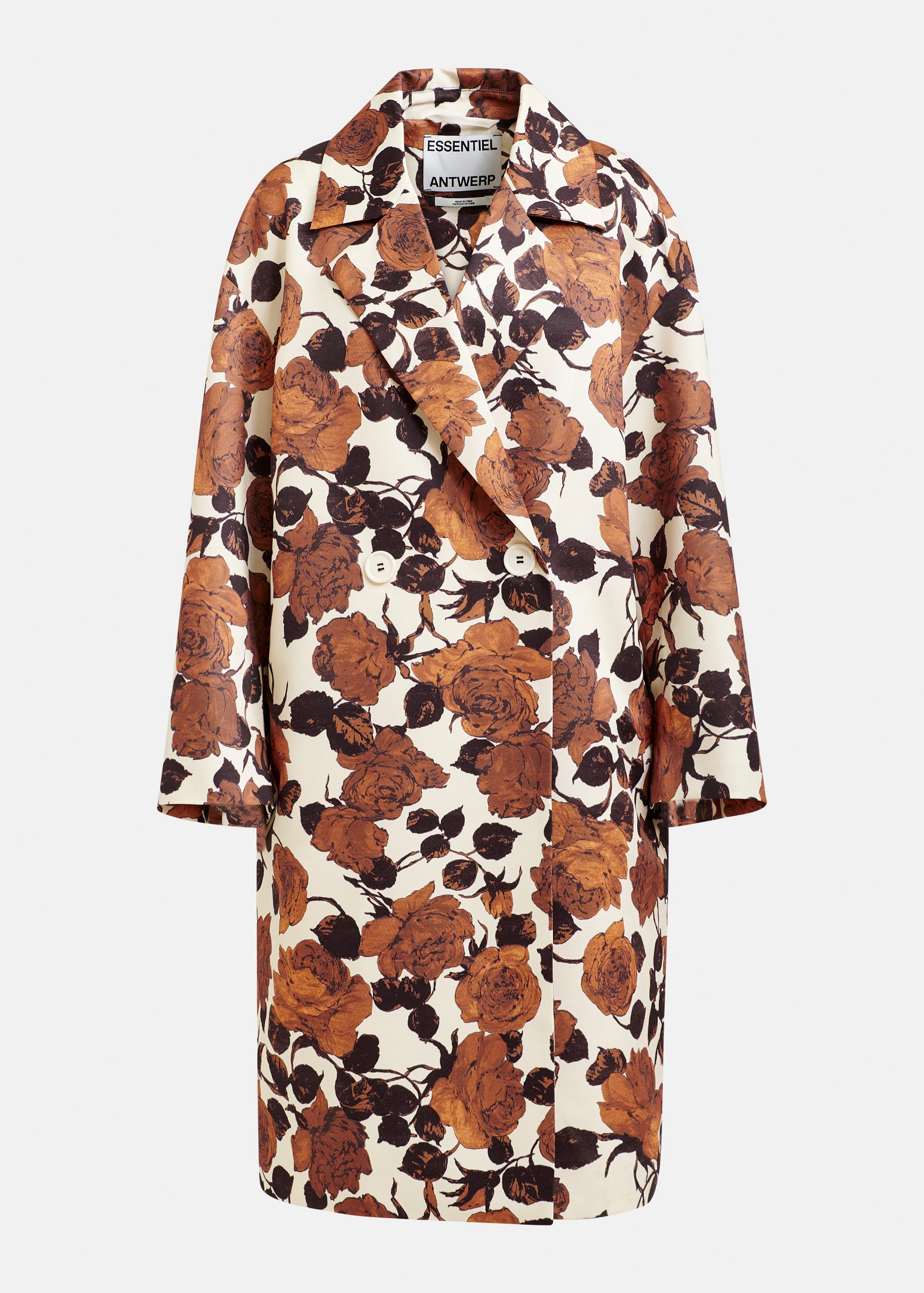 Off-white and brown double-breasted coat | Essentiel Antwerp Spain