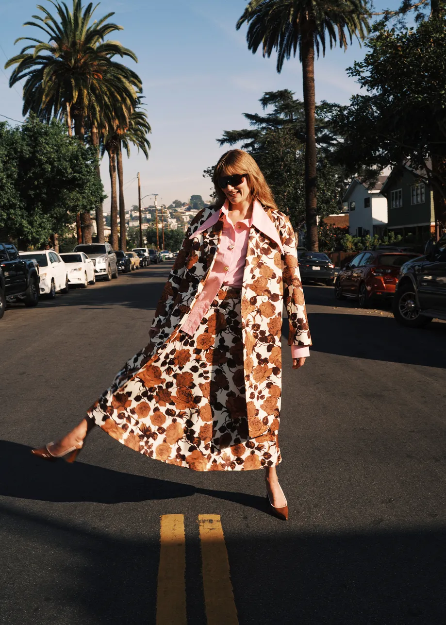 Off-white and brown double-breasted coat 