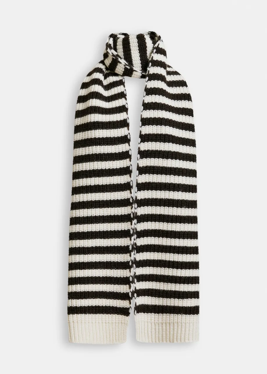 Black and white striped wool-blend scarf with ribbed trims