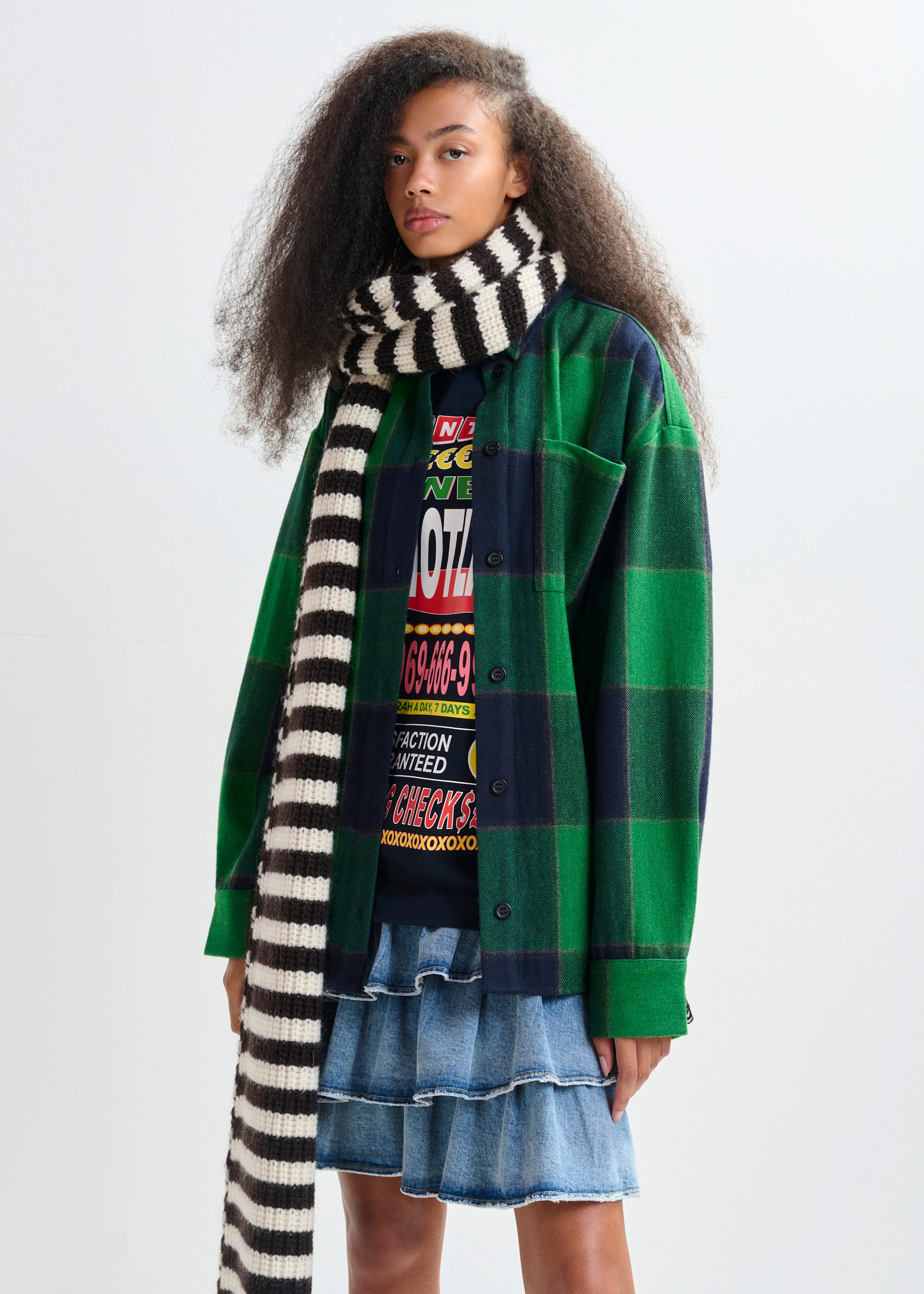 Black and white striped wool-blend scarf with ribbed trims