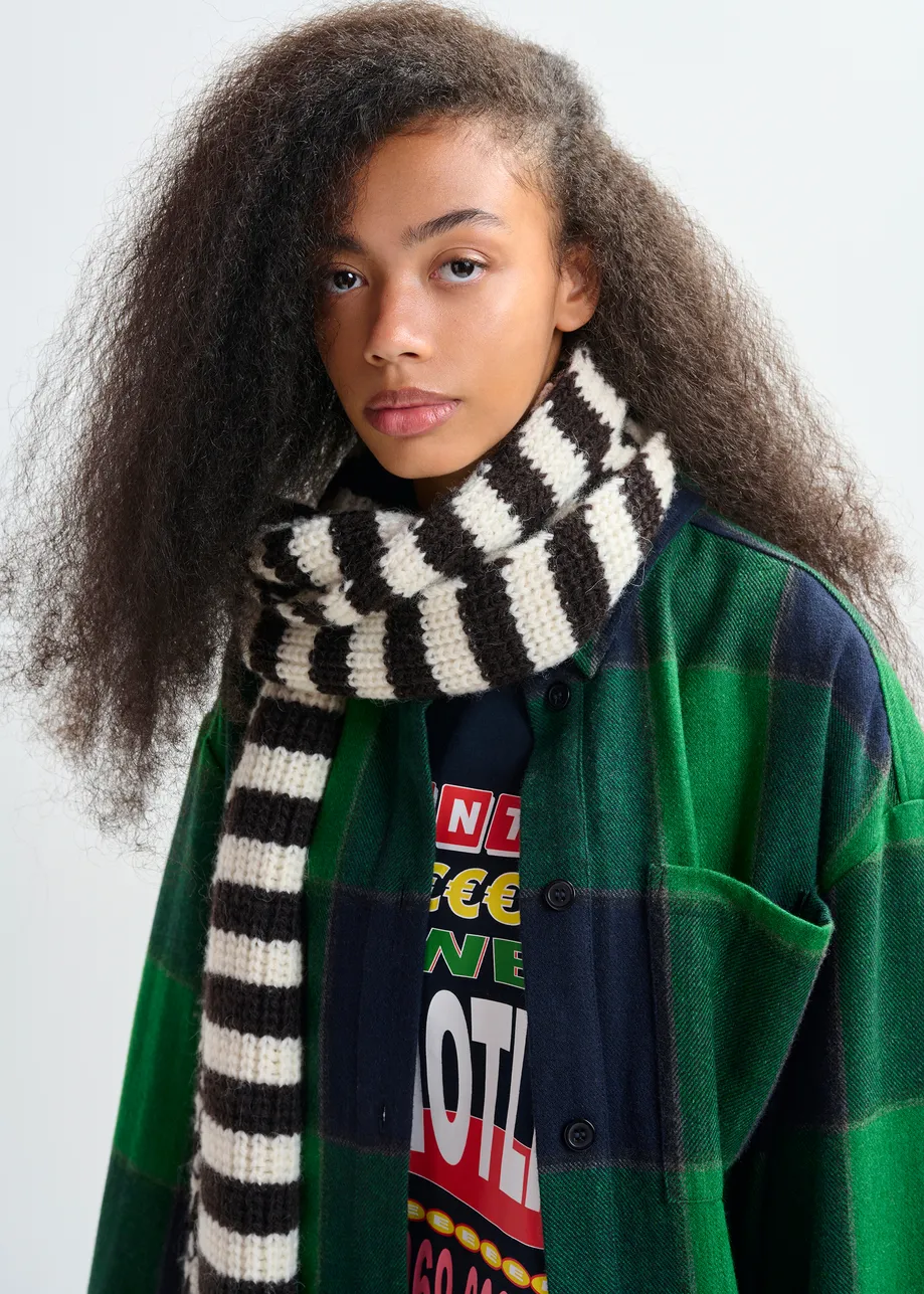 Black and white striped wool-blend scarf with ribbed trims