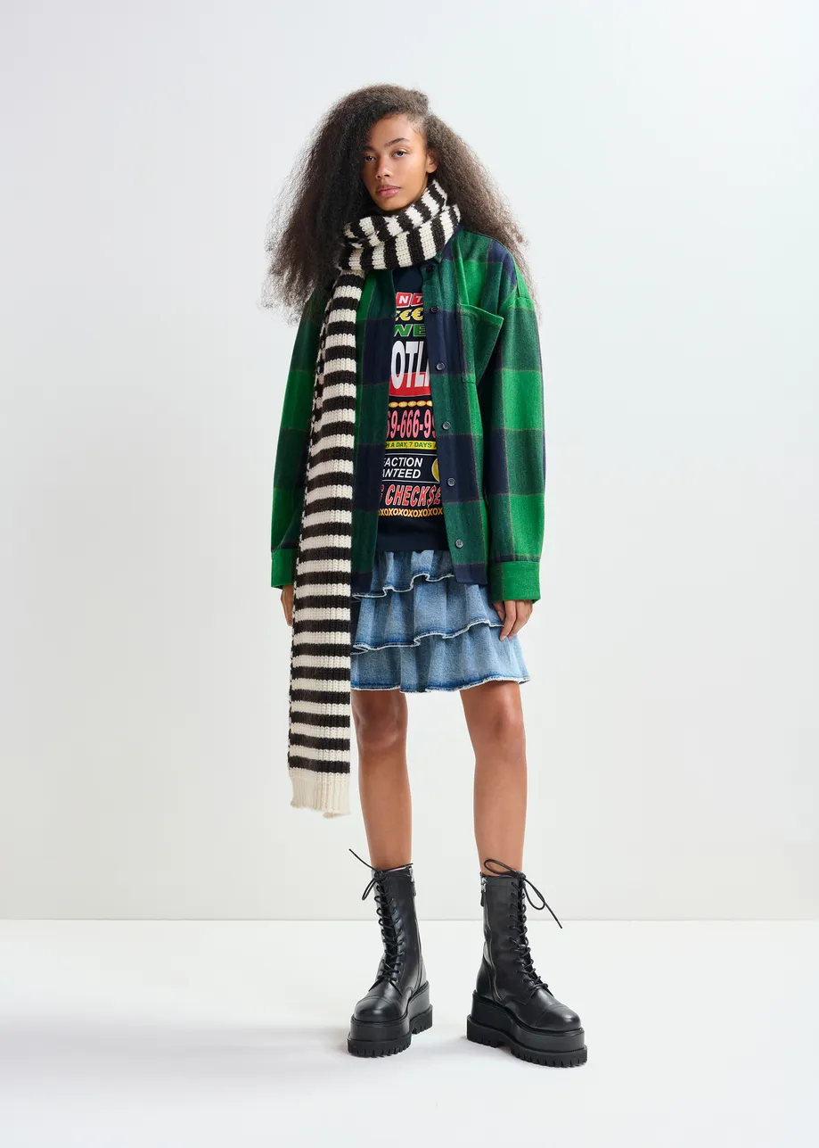 Black and white striped wool-blend scarf with ribbed trims