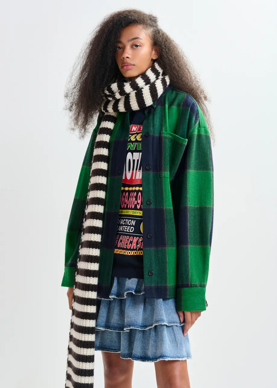 Black and white striped wool-blend scarf with ribbed trims