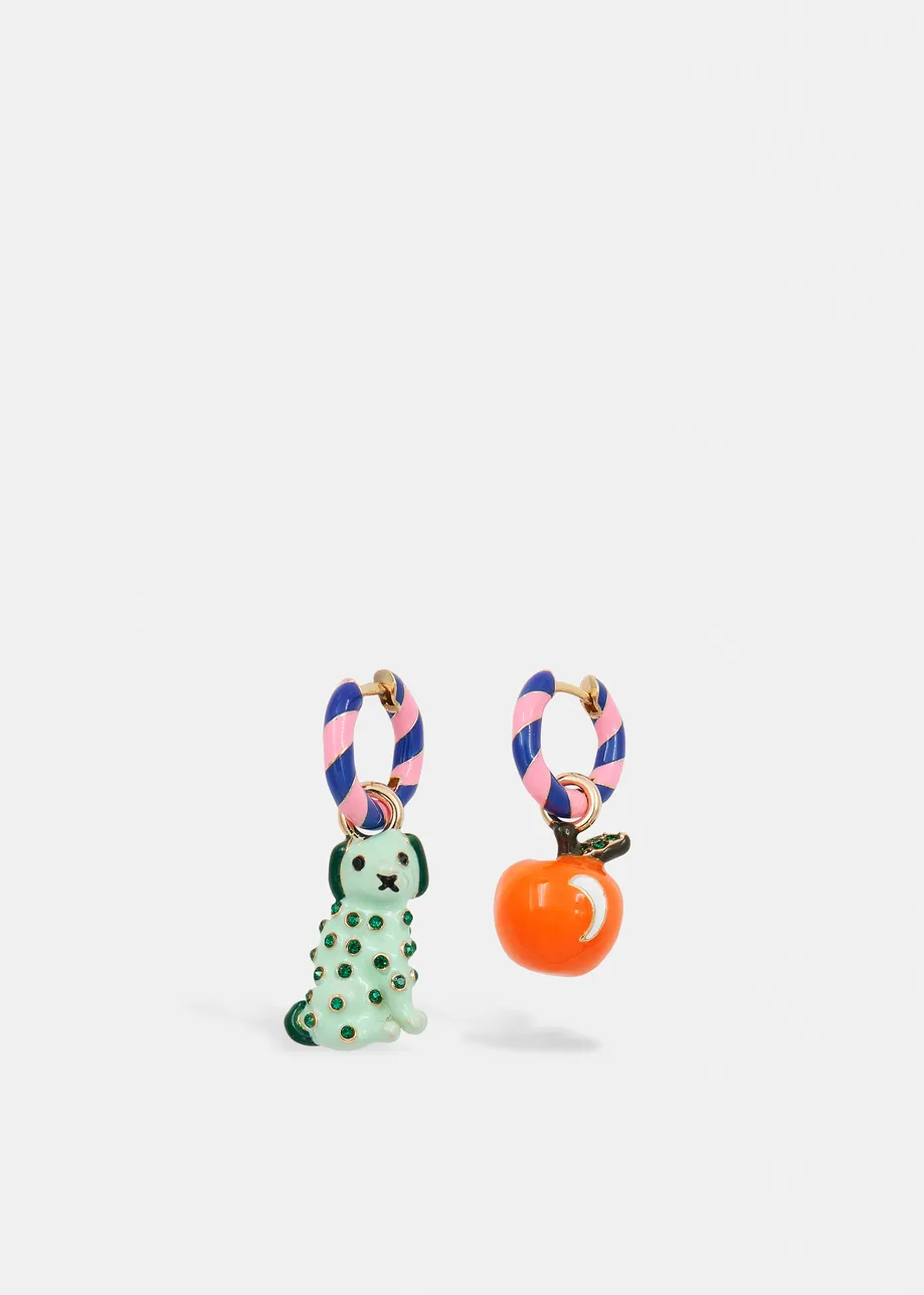 Pink and blue hoop earrings with dog and orange pendants