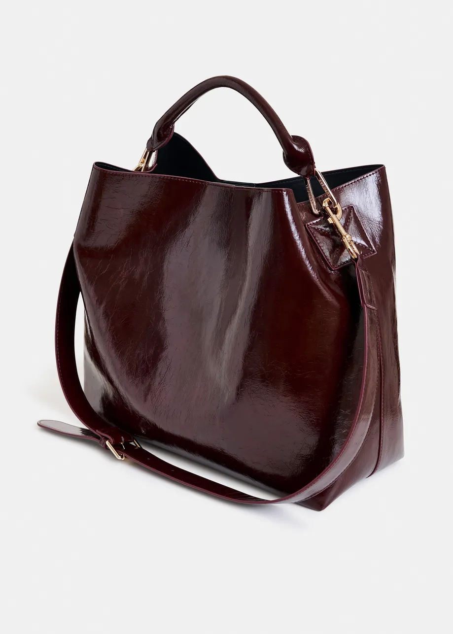 Bruine glanzende shopper met verwijderbare schouderriem