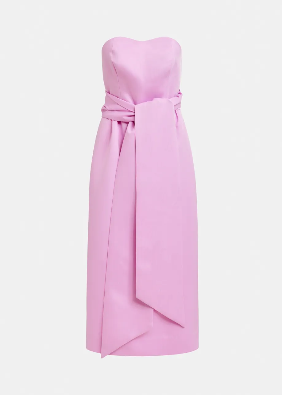 Roze strapless midi-jurk met wikkelriem