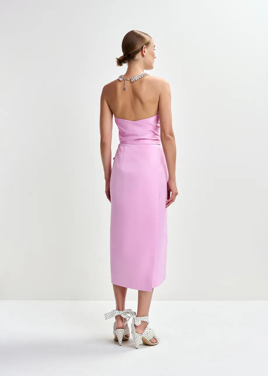 Roze strapless midi-jurk met wikkelriem