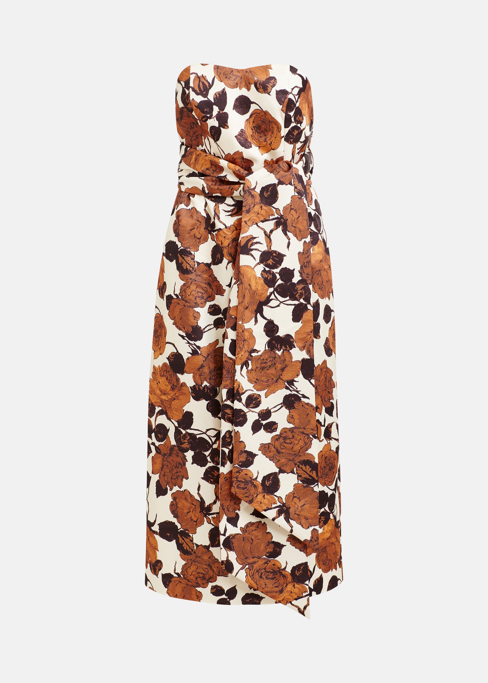Beige and Brown Strapless Midi Dress with wrap-belt