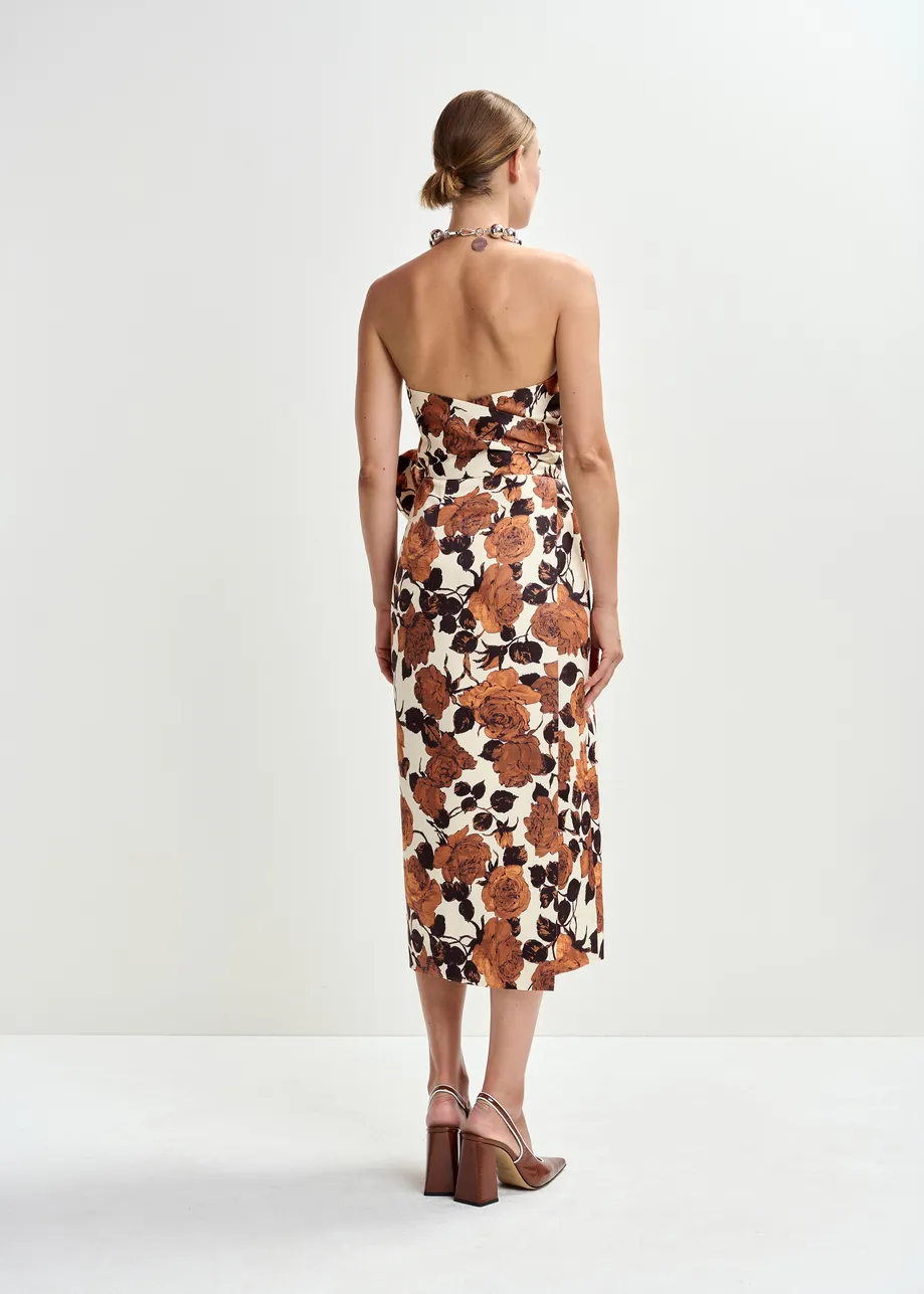 Beige en bruine strapless midi-jurk met wikkelriem