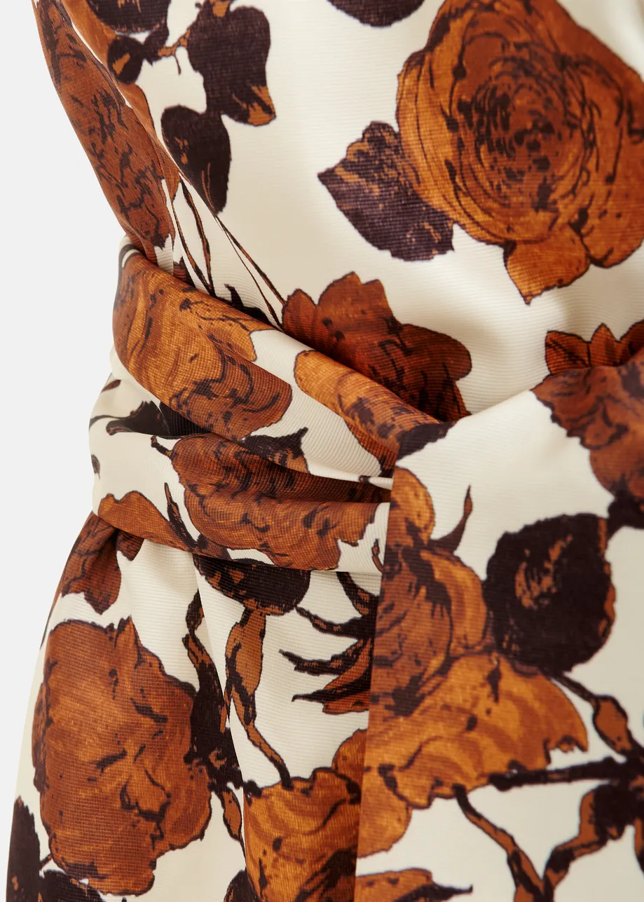 Beige en bruine strapless midi-jurk met wikkelriem