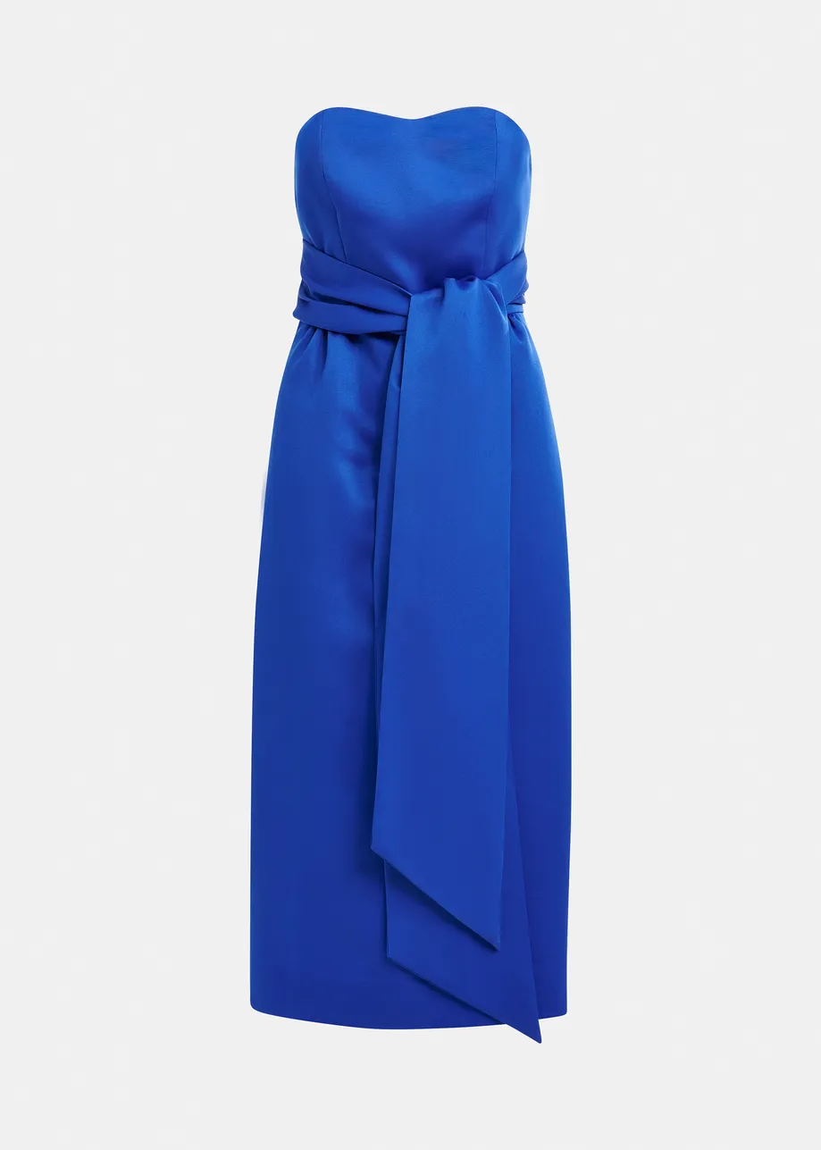 Blue strapless midi dress with wrap-belt