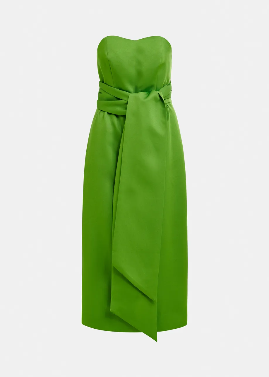 Groene strapless midi-jurk met wikkelriem