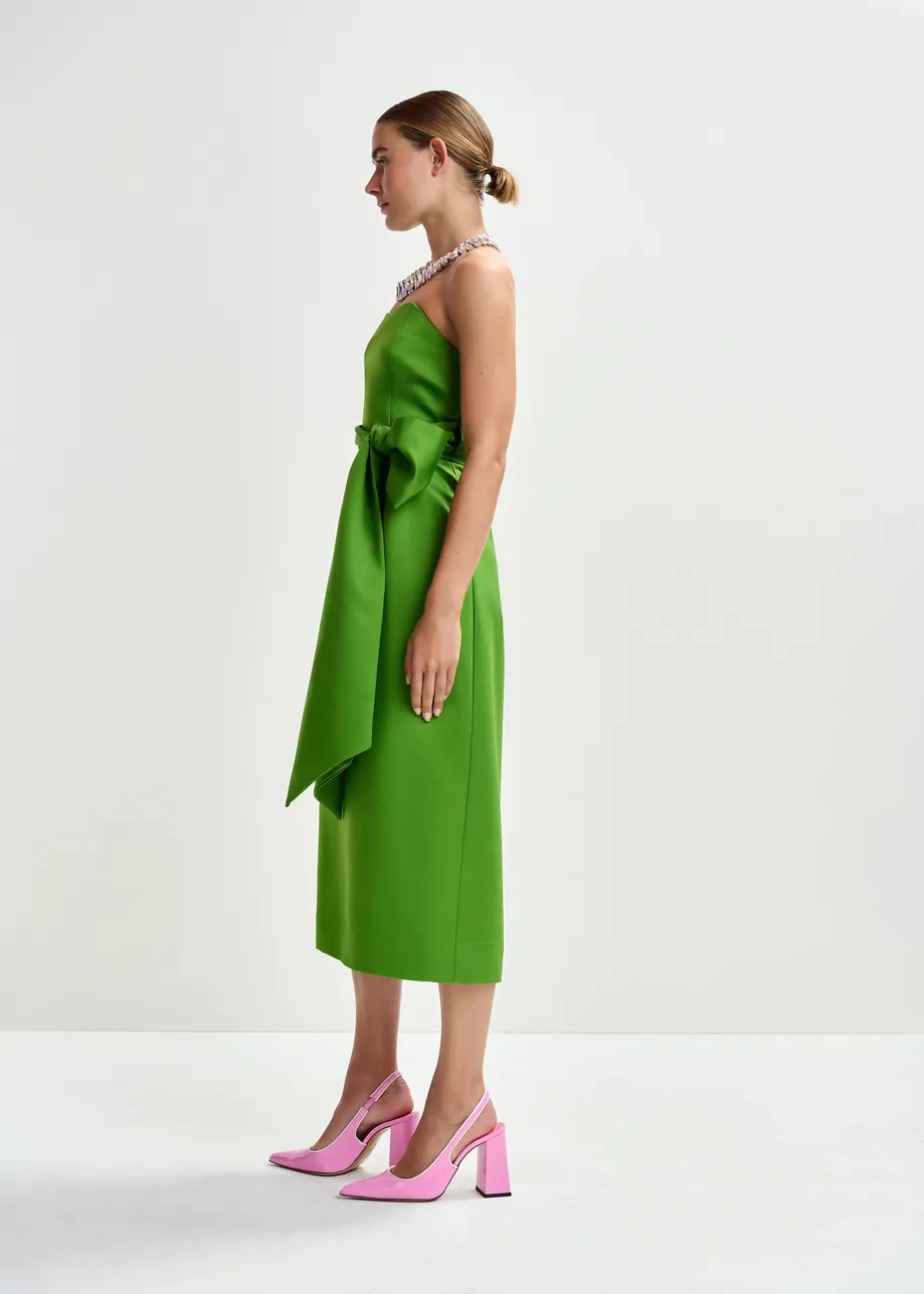 Groene strapless midi-jurk met wikkelriem